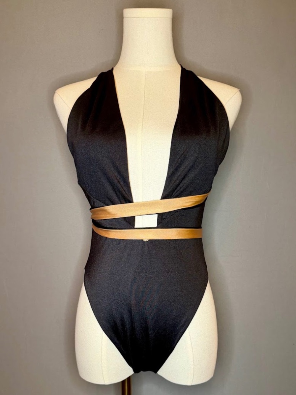 Baliawear Black Plunge One Piece Swimsuit Size M Wrap Tie Open Back Resort NWT